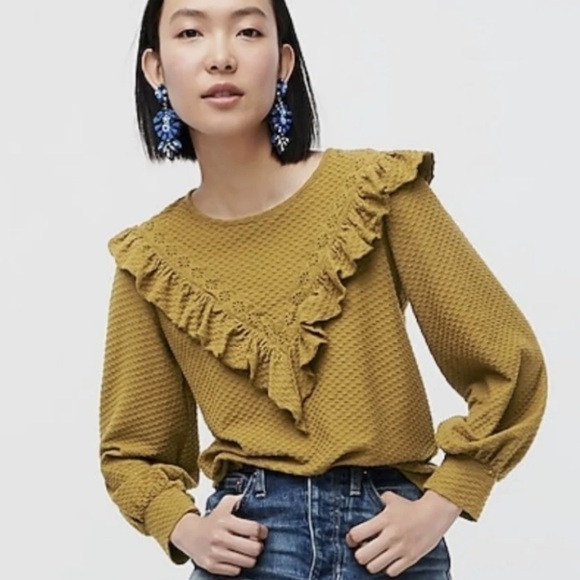 J Crew Honeycomb-Knit w Eyelet & Ruffle Trim, Gathered Sleeves, Keyhole Back XS - Picture 8 of 13